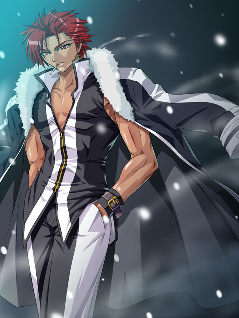 kagami hirotaka, aki (emina&aki), emina&aki, original, 1boy, cigarette, earrings, jacket, jewelry, male focus, muscular, red eyes, red hair, smoking, snow, solo, tan