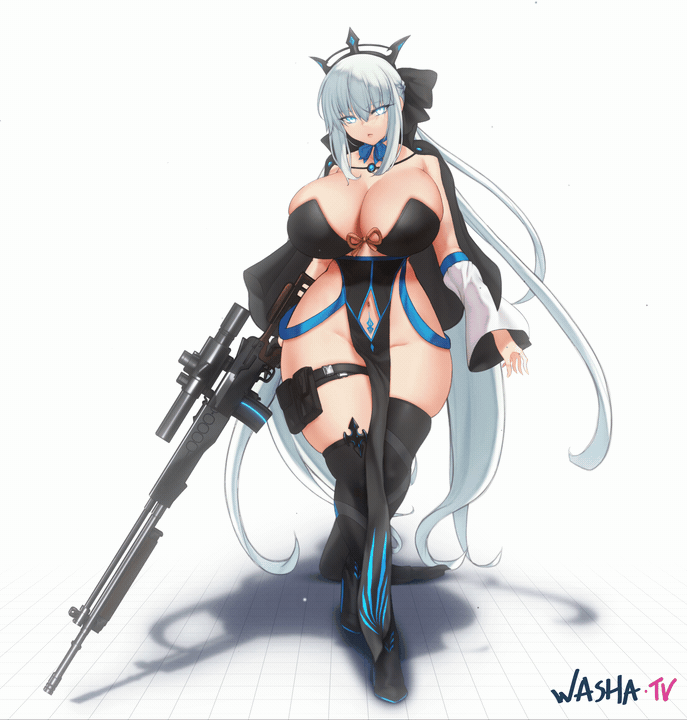 aster crowley, washa animations, morgan le fay (fate), morgan le fay (third ascension) (fate), fate/apocrypha, fate/grand order, fate (series), goddess of victory: nikke, animated, animated gif, commentary, english commentary, looping animation, 1girl, adapted costume, alternate breast size (larger), artist name, asymmetrical legwear, bare hips, black boots, black bow, black cape, black dress, black gloves, black tiara, blinking, blue choker, blue eyes, blue trim, boots, bouncing breasts, bow, bow choker, braid, breasts, cape, cape clasp, choker, cleavage, clothing cutout, collared cape, crossed legs, curvy, detached sleeves, dragunov svd, dress, full body, gloves, glowing, glowing gun barrel, glowing weapon, grey hair, grid, groin, gun, hair bow, half gloves, half up braid, high heels, highleg, highleg dress, holding, holding gun, holding weapon, huge breasts, long hair, long sleeves, looking at viewer, magazine (weapon), navel, navel cutout, no panties, parody, parted lips, pelvic curtain, ponytail, pouch, pubic tattoo, rifle, scope, shadow, sideless dress, sidelocks, simple background, single glove, single half glove, single sleeve, sniper rifle, solo, spikes, super highleg, swinging arm, tattoo, thick thighs, thigh boots, thigh pouch, thigh strap, thighs, tiara, train (clothing), trigger discipline, uneven legwear, very long hair, walking, walking towards viewer, watson cross, weapon, white background, white sleeves, wide hips, wide sleeves
