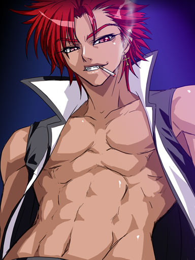 kagami hirotaka, aki (emina&aki), emina&aki, original, 1boy, cigarette, cross, dark-skinned male, dark skin, earrings, jewelry, latin cross, male focus, muscular, pectorals, red eyes, red hair, smoking, solo, tan