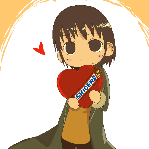 snickers (brand), lowres, 1girl, blush, brand name imitation, brown hair, chocolate, english text, engrish text, female focus, heart, oekaki, ranguage, solo, valentine