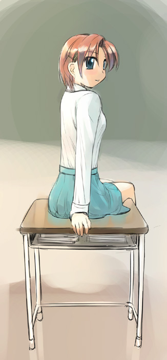 ikeda jun (mizutamari), original, 1girl, aqua eyes, blue skirt, blurry, book, breasts, brown hair, chalkboard, classroom, desk, female focus, from behind, hair ornament, hairclip, indoors, long sleeves, looking to the side, on desk, parted bangs, school, school desk, school uniform, serafuku, shirt, short hair, sitting, skirt, small breasts, solo, tareme, white shirt