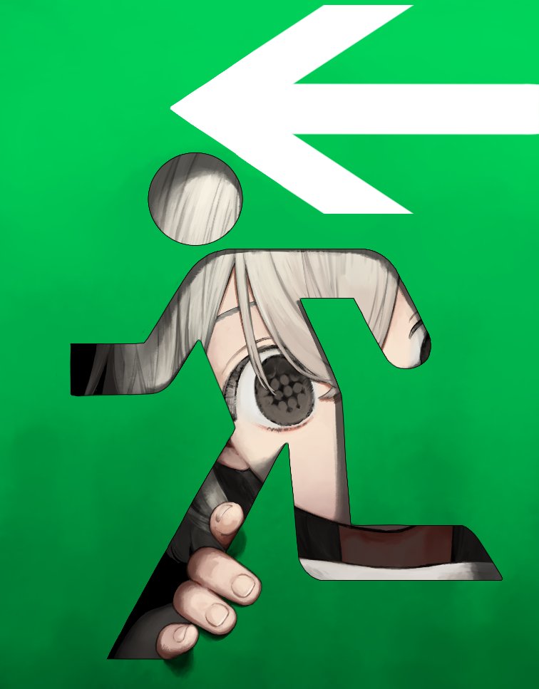 uni no, original, 1other, arrow (symbol), fingernails, grey eyes, looking at viewer, medium hair, portrait, road sign, shirt, sign, solo, symbol-shaped pupils, white hair, white shirt