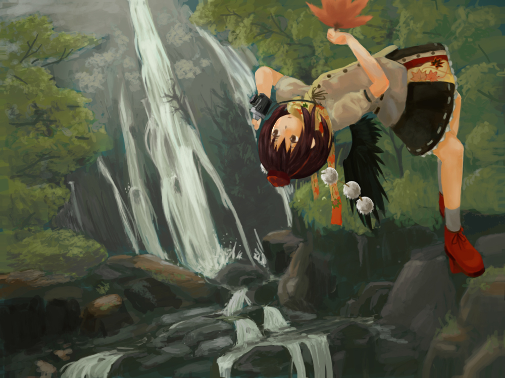 shameimaru aya, touhou, looking away, 1girl, black wings, brown hair, camera, expressionless, female focus, forest, geta, hat, leaf, nature, short hair, solo, tengu, tengu-geta, water, waterfall, wings