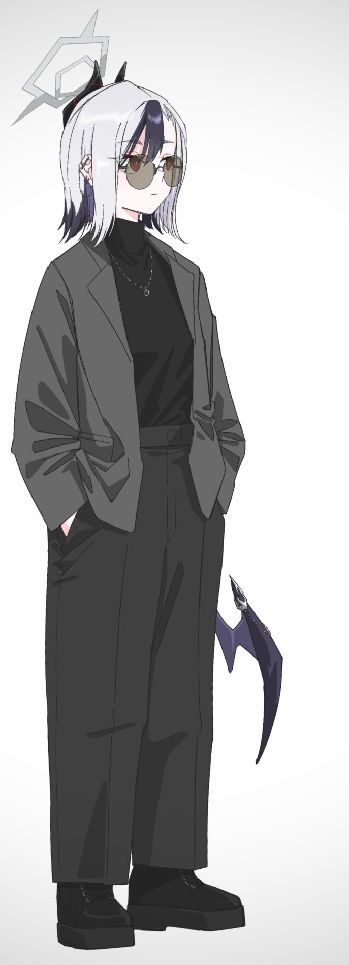 vividnatadecoco, kayoko (blue archive), blue archive, commentary request, highres, 1girl, black hair, black pants, black shirt, black shoes, closed mouth, full body, gradient background, grey background, grey hair, grey jacket, hair between eyes, halo, hands in pockets, horns, jacket, low wings, multicolored hair, open clothes, open jacket, pants, purple hair, purple wings, red eyes, round eyewear, shirt, shoes, single wing, solo, standing, sunglasses, thick eyebrows, two-tone hair, white background, wings