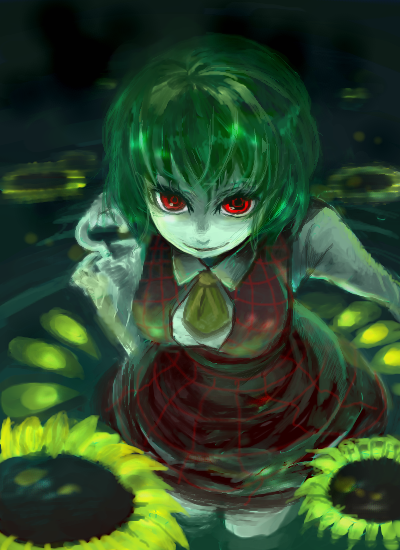 cis (carcharias), kazami yuuka, touhou, 1girl, ascot, dark, female focus, flower, green hair, leaning forward, oekaki, pale skin, plaid clothes, plaid skirt, plaid vest, red eyes, short hair, skirt, skirt set, smile, solo, staring, sunflower, vest