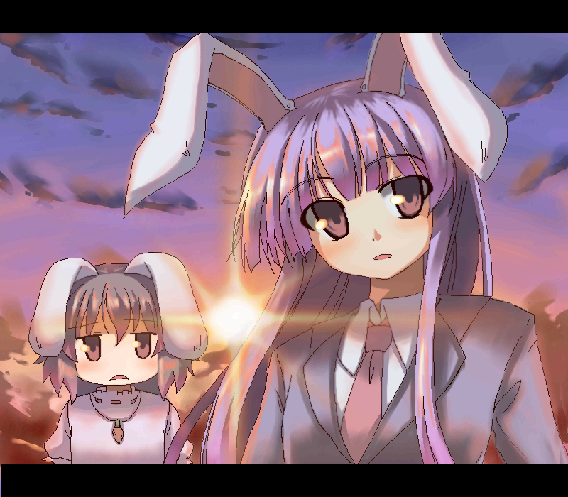 akiyasu, inaba tewi, reisen udongein inaba, touhou, 2girls, animal ears, cloud, female focus, letterboxed, multiple girls, oekaki, outdoors, rabbit ears, rabbit girl, sky, standing, sunset, touhuya, upper body