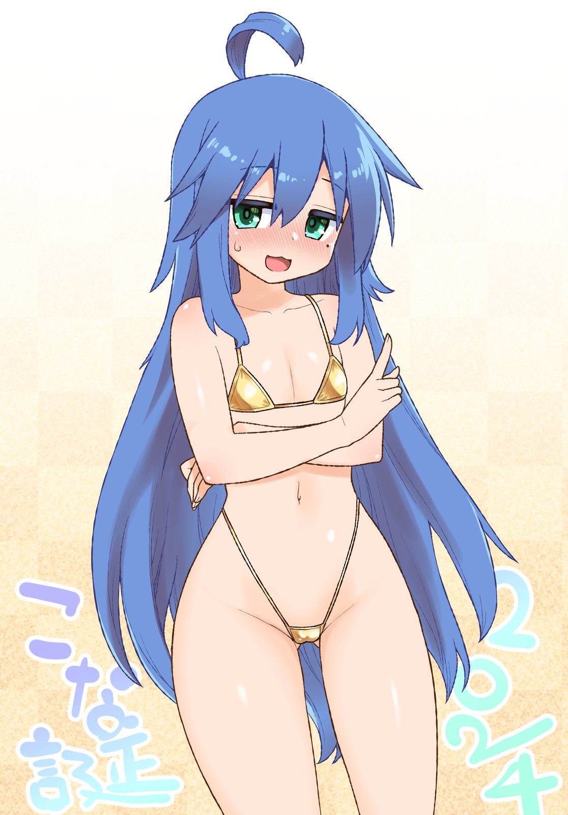 kogaku kazuya, izumi konata, lucky star, highres, 1girl, :3, ahoge, bikini, blue hair, blush, breasts, collarbone, gold bikini, golden week, green eyes, highleg, highleg bikini, long hair, looking at viewer, micro bikini, mole, mole under eye, navel, open mouth, satin bikini, shiny swimsuit, small breasts, smile, solo, stomach, swimsuit, thighs, wide hips