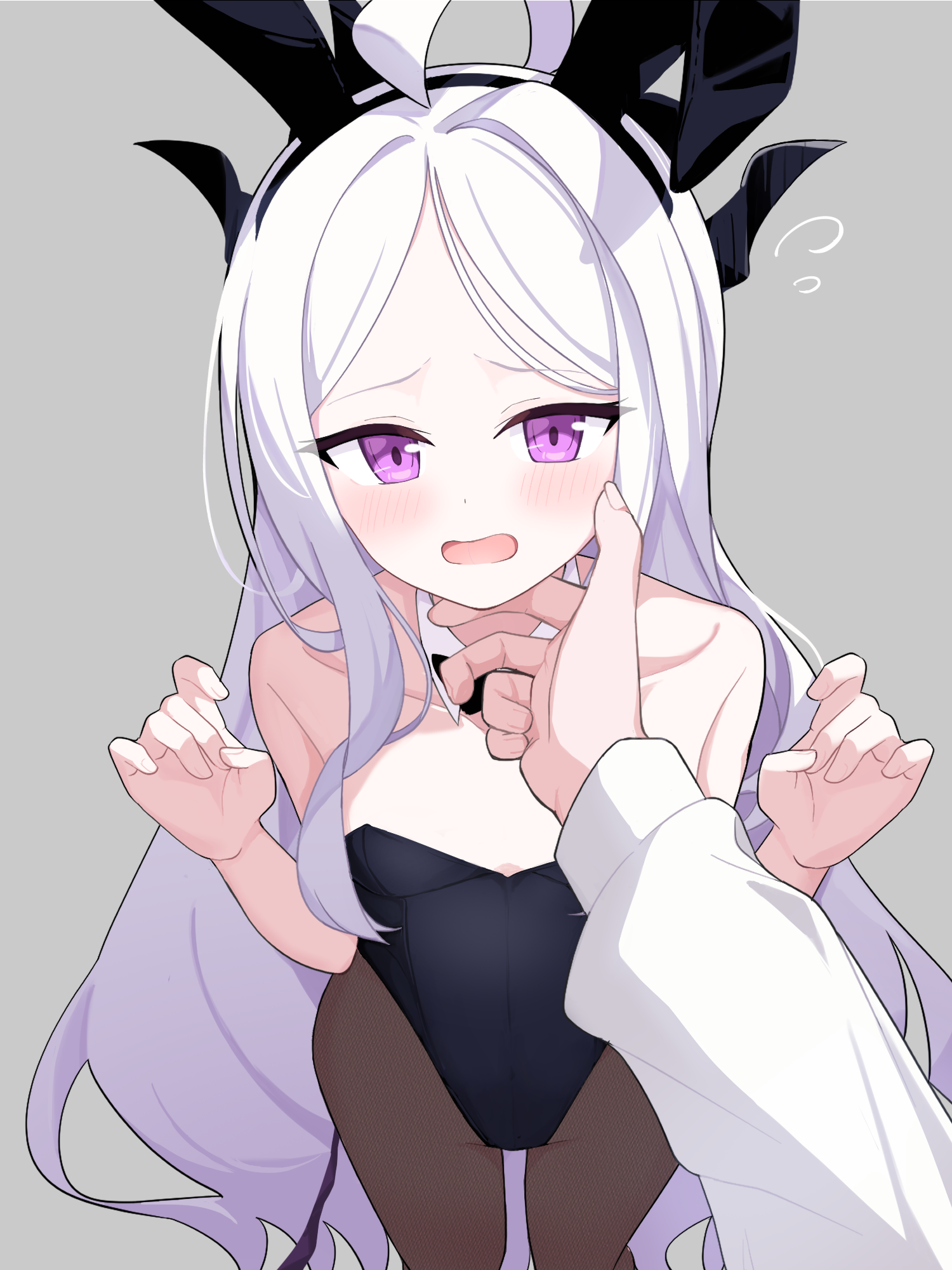minamino 3730, hina (blue archive), blue archive, highres, 1girl, ahoge, alternate costume, animal ears, black horns, black leotard, breasts, brown pantyhose, cleavage, fake animal ears, grey background, horns, leotard, long hair, looking at viewer, pantyhose, playboy bunny, rabbit ears, simple background, small breasts, solo focus, standing, very long hair