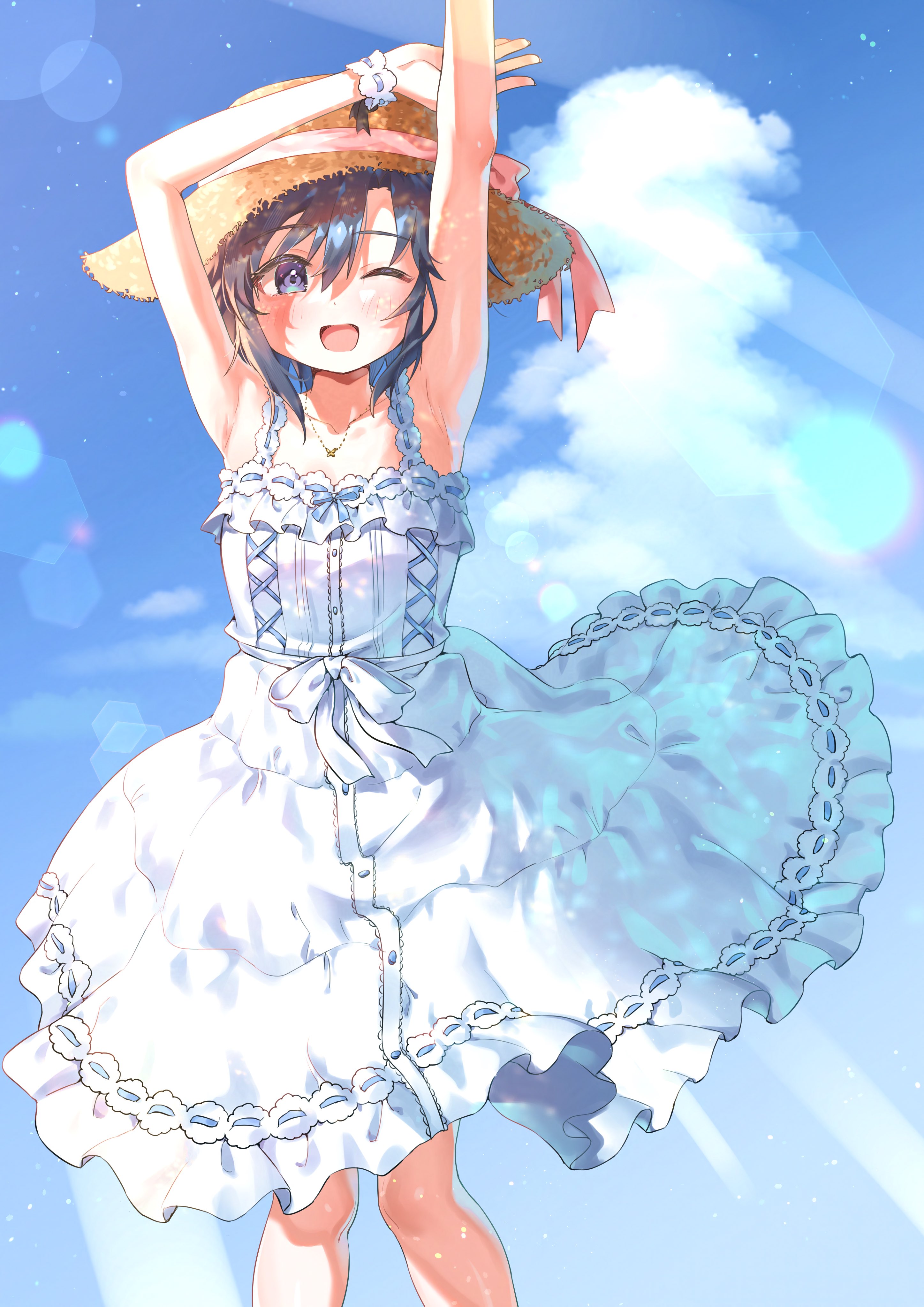 3810tannpopo, kikuchi makoto, idolmaster, idolmaster million live!, idolmaster million live! theater days, absurdres, highres, antenna hair, black hair, blue sky, cloud, dress, hat, looking at viewer, parted bangs, pink ribbon, purple eyes, ribbon, sky, sleeveless, sleeveless dress, stretching, sun hat, sundress, white dress