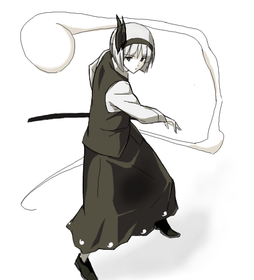kajiki, konpaku youmu, konpaku youmu (ghost), touhou, 1girl, female focus, fighting stance, ghost, hair ribbon, hairband, hitodama, katana, long sleeves, oekaki, ribbon, scabbard, sheath, shirt, short hair, skirt, solo, standing, sword, unsheathed, vest, weapon