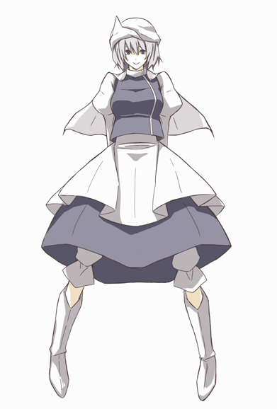 kajiki, letty whiterock, touhou, silver hair, 1girl, apron, arms behind back, blue dress, blue eyes, dress, female focus, full body, hat, long sleeves, looking at viewer, puffy long sleeves, puffy sleeves, short hair, simple background, smile, solo, white background