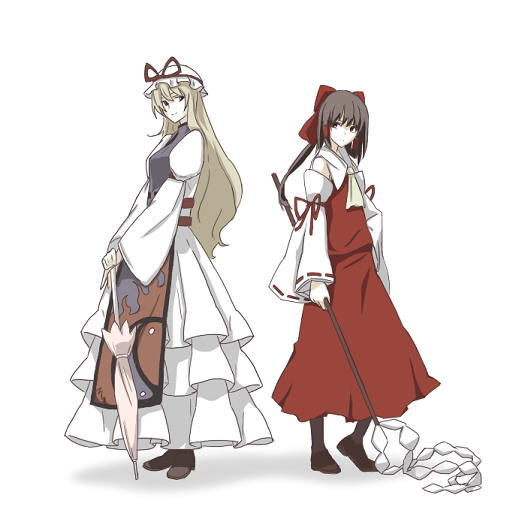 kajiki, hakurei reimu, yakumo yukari, touhou, 2girls, brown eyes, brown hair, closed umbrella, detached sleeves, dress, female focus, frills, full body, gohei, hat, holding, long sleeves, looking at viewer, mob cap, multiple girls, standing, stick, tabard, umbrella, white dress, yin yang