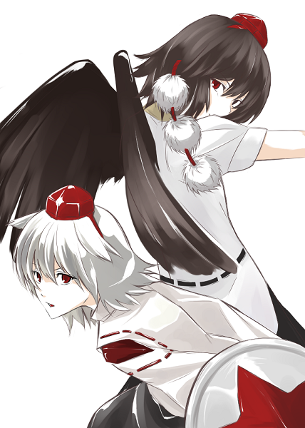 kajiki, inubashiri momiji, shameimaru aya, touhou, 2girls, black hair, female focus, hat, multiple girls, red eyes, white hair