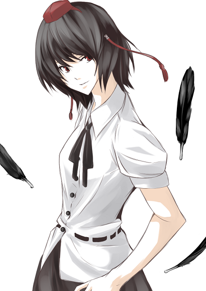kajiki, shameimaru aya, touhou, 1girl, black ribbon, black skirt, feathers, female focus, hands on own hips, hat, looking at viewer, puffy short sleeves, puffy sleeves, red eyes, ribbon, short sleeves, simple background, skirt, smile, solo, tokin hat, white background