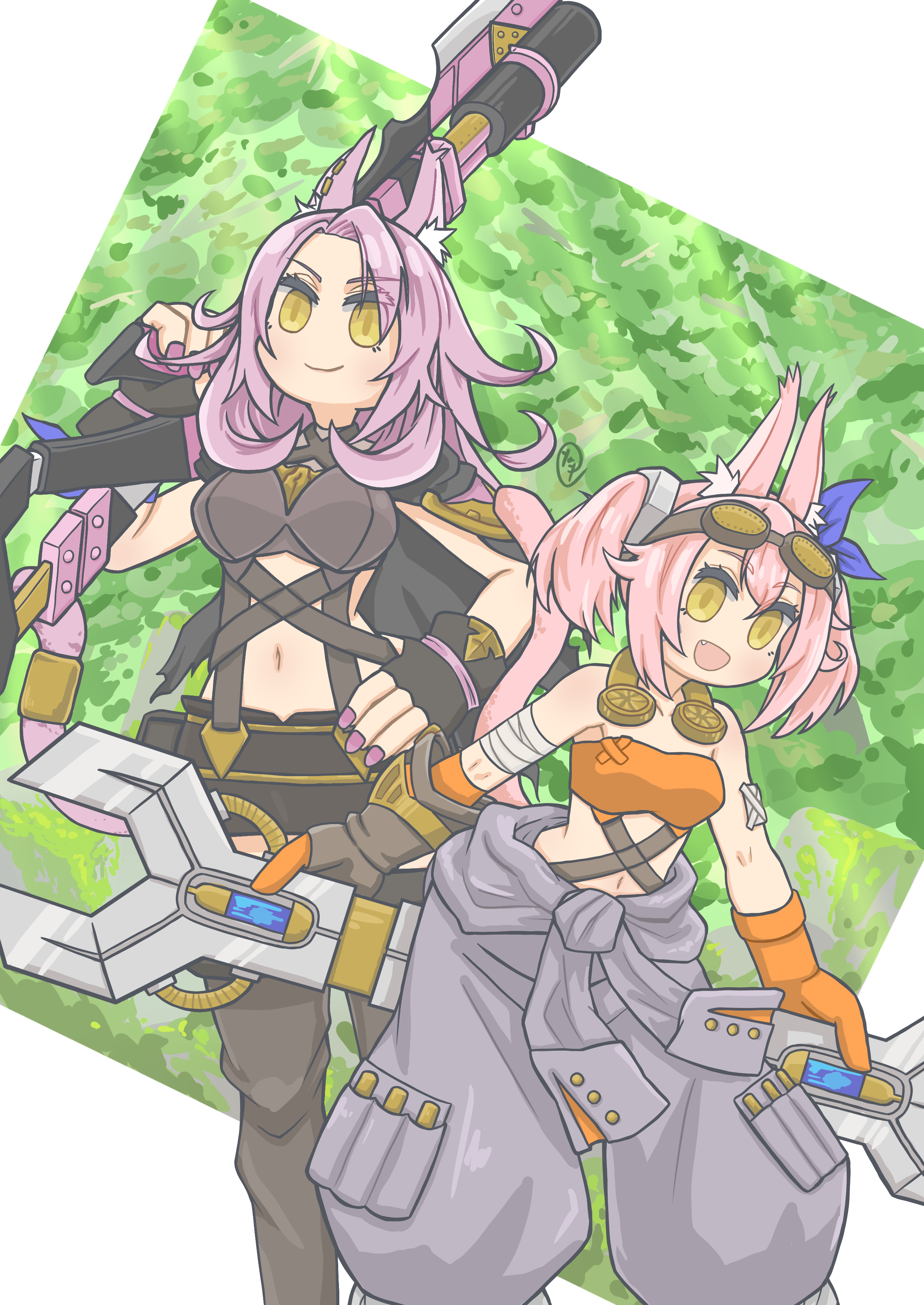 yaye5353, kitt (yu-gi-oh!), tri-brigade ferrijit the barren blossom, tri-brigade kitt, yu-gi-oh!, absurdres, check clothing, clothing request, commentary, highres, 2girls, animal ear fluff, animal ears, bandaged arm, bandages, black bra, black gloves, black pants, black straps, border, bra, breasts, bush, cat ears, cat girl, chest strap, closed mouth, clothes around waist, cowboy shot, duel monster, fang, ferret ears, ferret girl, fingerless gloves, gauze, gloves, goggles, goggles on head, gold trim, grey jacket, grey pants, hand on own hip, holding, holding behind back, holding weapon, holding wrench, jacket, jacket around waist, leaf, looking up, medium breasts, medium hair, multiple girls, navel, open mouth, orange bra, orange gloves, oversized object, pants, pink hair, puffy pants, purple hair, purple nails, short hair, smile, two side up, underwear, weapon, white border, wrench, yellow eyes