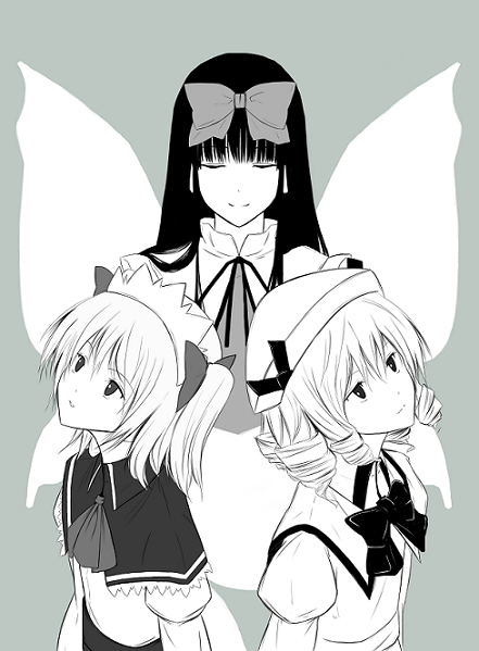 kajiki, luna child, star sapphire, sunny milk, perfect memento in strict sense, touhou, 3girls, blunt bangs, bow, bowtie, closed eyes, dress, fairy, fairy wings, female focus, green background, green theme, looking afar, looking up, monochrome, multiple girls, simple background, smile, upper body, wings