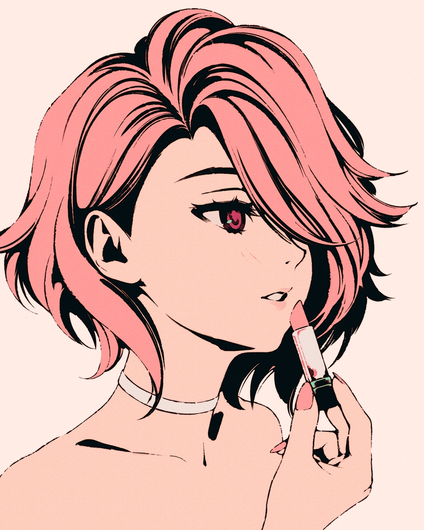 moshimoshibe, shiratori aira (dandadan), dandadan, 1girl, bare shoulders, choker, hair between eyes, lipstick, makeup, nail polish, pink eyes, pink hair, pink nails, short hair, simple background, solo