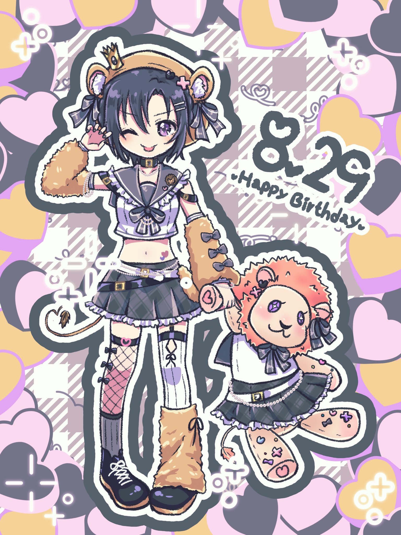 renatan, kikuchi makoto, idolmaster, idolmaster million live!, idolmaster million live! theater days, highres, animal ears, animal hat, antenna hair, belt, black hair, black ribbon, cropped shirt, detached sleeves, fishnet thighhighs, fishnets, happy birthday, hat, light blush, looking at viewer, multiple belts, nail polish, parted bangs, pleated skirt, purple eyes, ribbon, sailor collar, sailor shirt, shirt, skirt, stuffed animal, stuffed lion, stuffed toy, thighhighs, tongue, tongue out