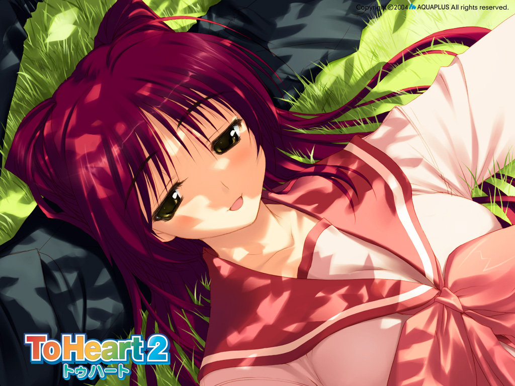 amazuyu tatsuki, kousaka tamaki, to heart (series), to heart 2, game cg, official art, official wallpaper, 00s, 1girl, :d, blush, bow, brown eyes, company name, copyright name, couple, dated, day, dutch angle, from above, grass, half-closed eyes, happy, lap pillow, logo, long hair, looking at viewer, lying, on back, on ground, open mouth, out of frame, outdoors, pants, parted bangs, red hair, school uniform, serafuku, shade, shirt, smile, upper body
