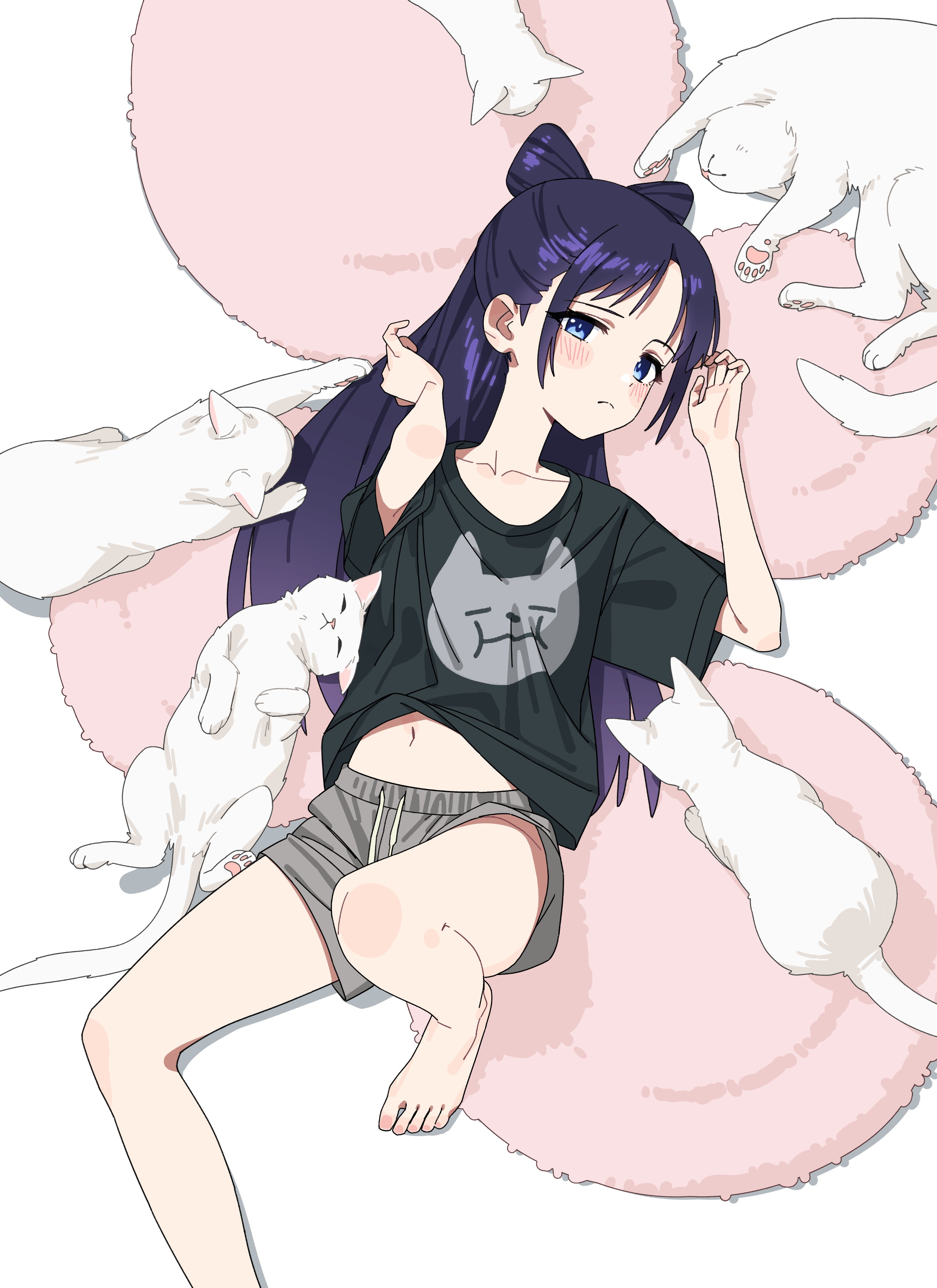 b1026, miyao nemu, witch watch, absurdres, highres, 1girl, barefoot, black shirt, blue eyes, blush, bow-shaped hair, cat, closed mouth, collarbone, feet, foot out of frame, grey shorts, hand up, knee up, legs, long hair, looking at viewer, lying, multiple cats, navel, on back, purple hair, shirt, short sleeves, shorts, t-shirt, thighhighs, toes, white cat