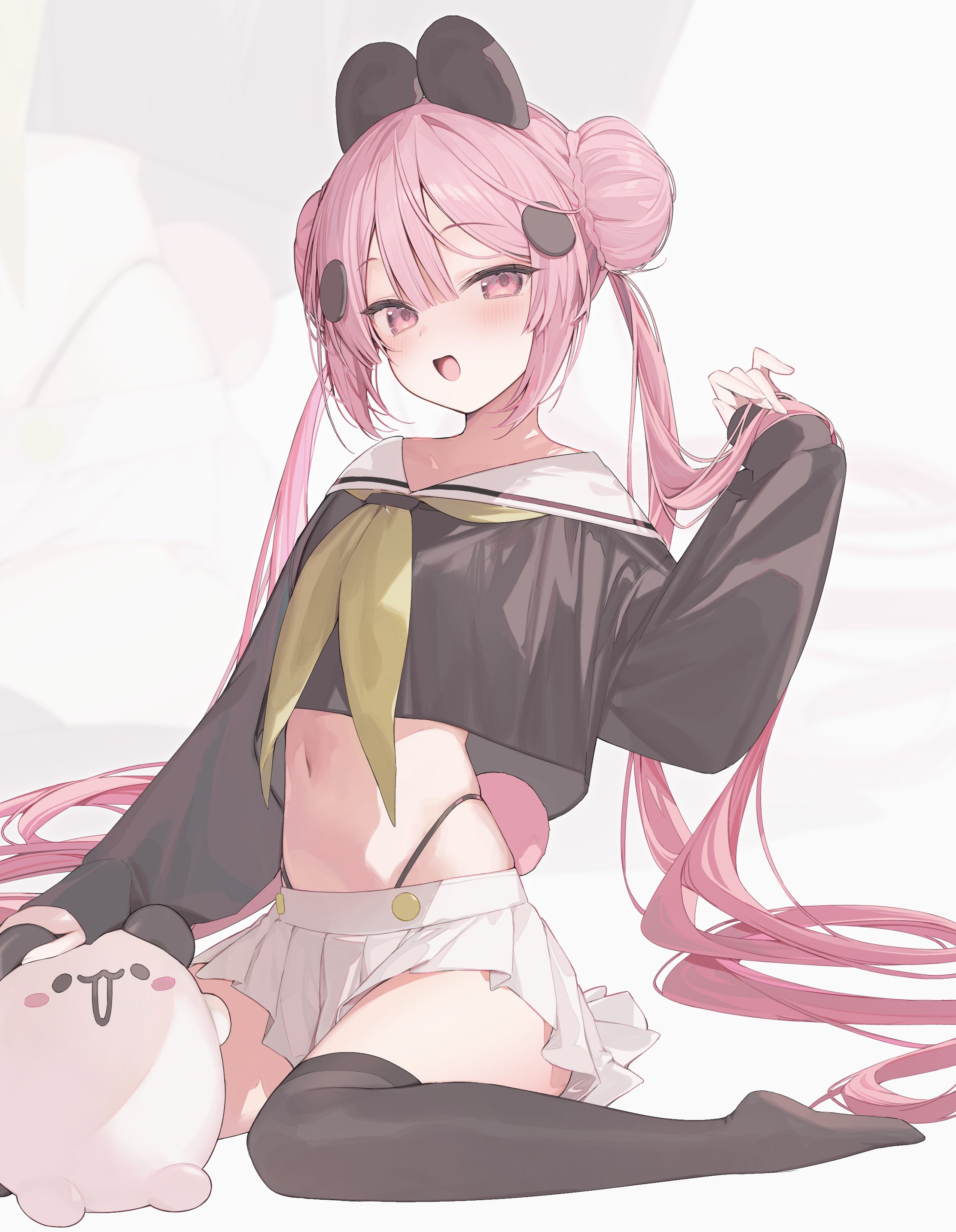 shin no tenpii, original, absurdres, commentary, highres, symbol-only commentary, 1girl, animal ears, black shirt, black thighhighs, blush, bow, crop top, crop top overhang, double bun, fake animal ears, hair bun, hair ornament, highleg, highleg panties, long hair, looking at viewer, midriff, navel, open mouth, panda ears, panda tail, panties, pink eyes, pink hair, pleated skirt, sailor collar, school uniform, serafuku, shirt, simple background, skirt, sleeves past wrists, solo, stuffed animal, stuffed toy, thighhighs, twintails, underwear, very long hair, white skirt, yellow bow