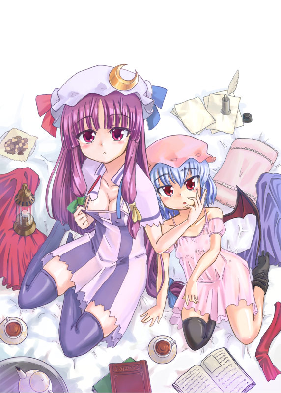 homura subaru, patchouli knowledge, remilia scarlet, touhou, black legwear, 2girls, breasts, cleavage, clothes pull, cookie, cup, dress, dress pull, female focus, food, from above, full body, hat, mob cap, multiple girls, pulling own clothes, saucer, see-through clothes, sitting, striped clothes, striped dress, teacup, thighhighs, vertical-striped clothes, vertical-striped dress, zettai ryouiki