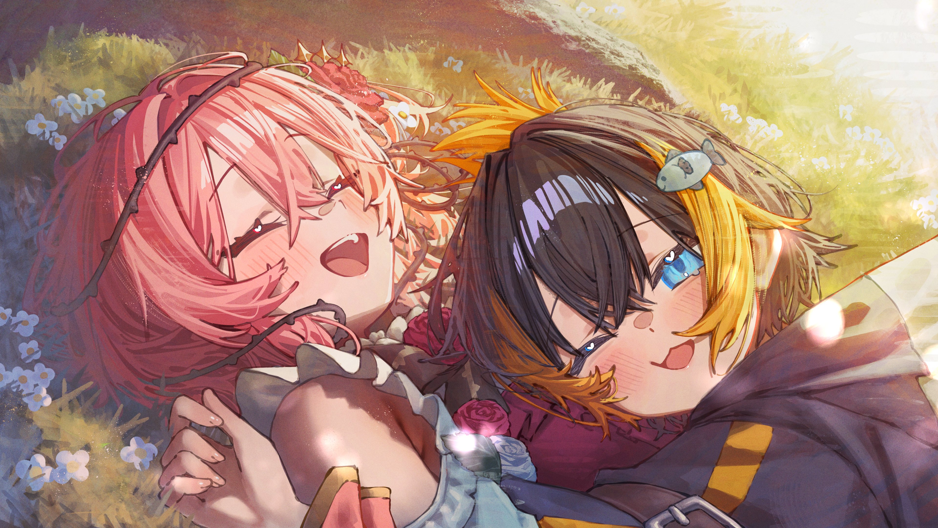 betabeet, petra gurin, petra gurin (1st costume), rosemi lovelock, rosemi lovelock (1st costume), nijisanji, nijisanji en, obsydia (nijisanji), absurdres, highres, second-party source, 2girls, black hair, blonde hair, blue eyes, closed eyes, fish hair ornament, flower, folded ponytail, frills, girl on top, hair flower, hair ornament, happy, light blush, lying, meadow, multicolored hair, multiple girls, on back, one eye closed, open mouth, pink hair, short hair, streaked hair, two-tone hair, virtual graduation commemoration, virtual youtuber