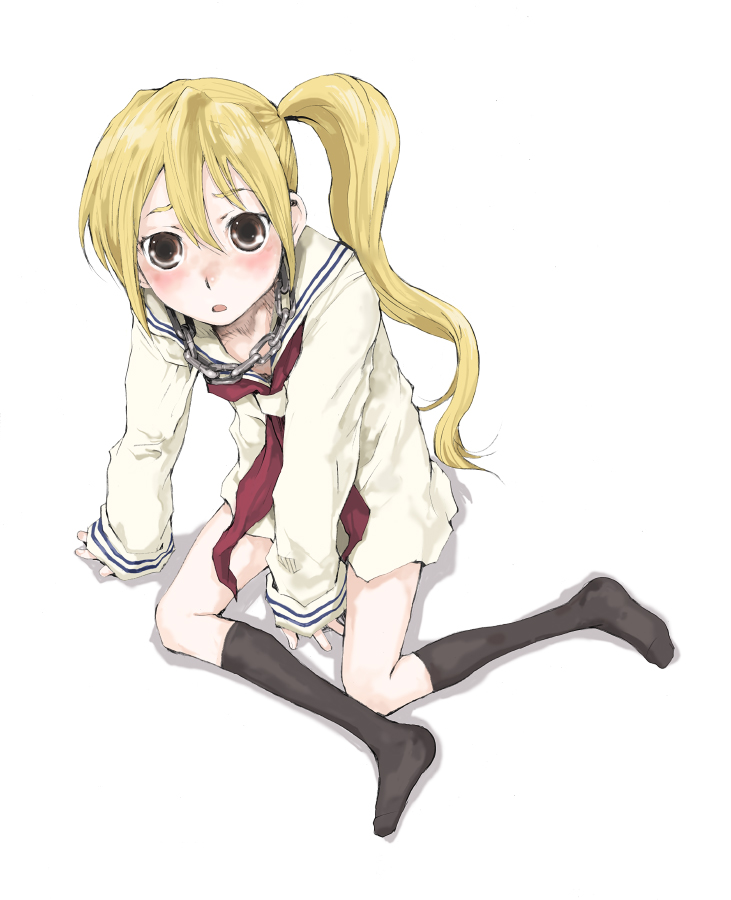 tamaoki benkyou, miyamoto iroha, sumomomo momomo, 00s, blonde hair, blush, brown eyes, chain, long hair, school uniform, serafuku, side ponytail, socks, solo