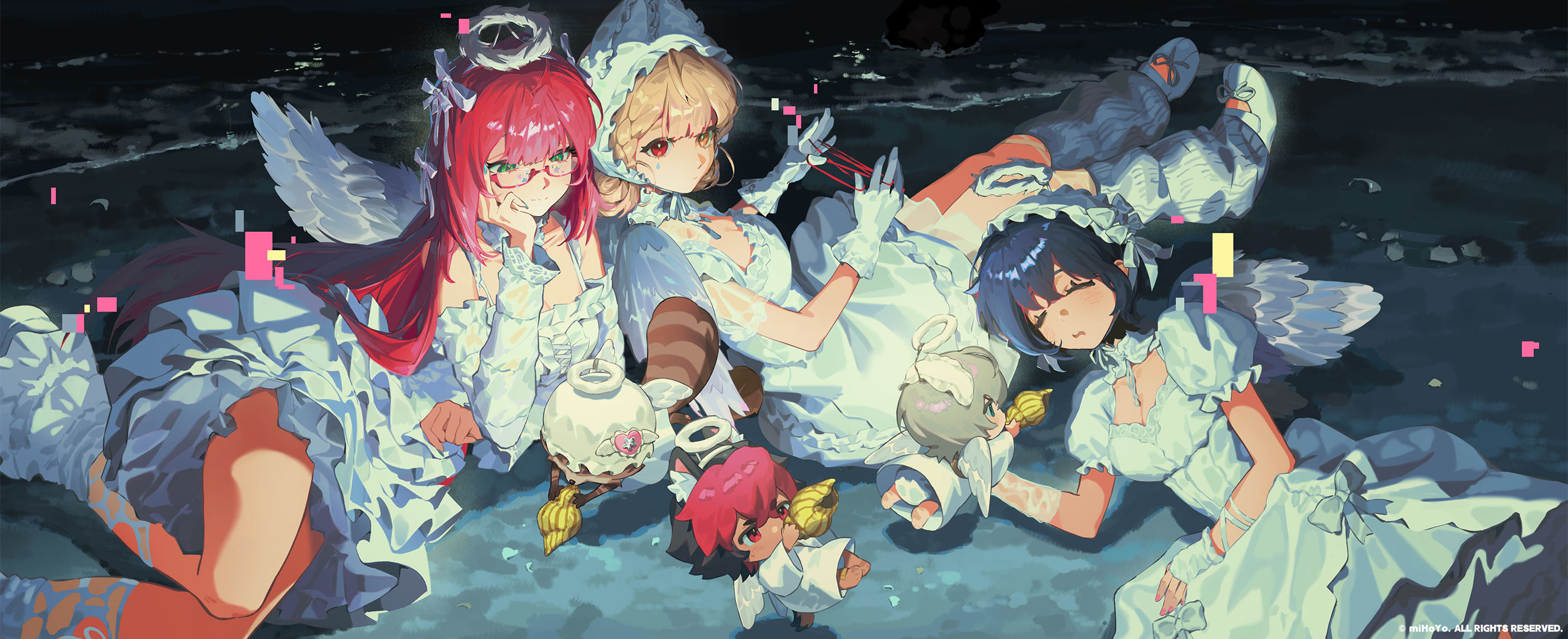 alice thymefield, belle (zenless zone zero), kamanosuke (zenless zone zero), komano manato, ukinami yuzuha, wise (zenless zone zero), zenless zone zero, highres, official art, official wallpaper, 2boys, 3girls, alternate hairstyle, angel wings, animal ears, bespectacled, blonde hair, bonnet, bow, braid, breasts, cat's cradle, chibi, cleavage, conch, copyright notice, detached collar, detached sleeves, dress, ear covers, fake halo, feathered wings, glasses, green eyes, green nails, hair bow, halo, hand on own cheek, hand on own face, headband, heterochromia, layered dress, leaning on person, long hair, looking at another, loose socks, lounging, medium breasts, multiple boys, multiple girls, nail polish, official alternate costume, pink nails, puffy sleeves, rabbit ears, raccoon, red eyes, shoes, short hair, smile, socks, white dress, wings, yellow eyes