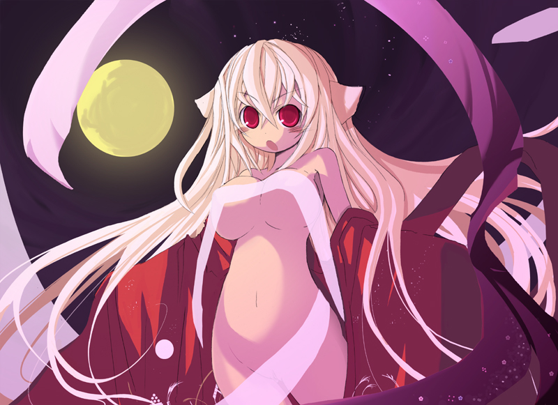 blonde hair, japanese clothes, kimono, long hair, nude, open clothes, open skirt, red eyes, skirt, solo