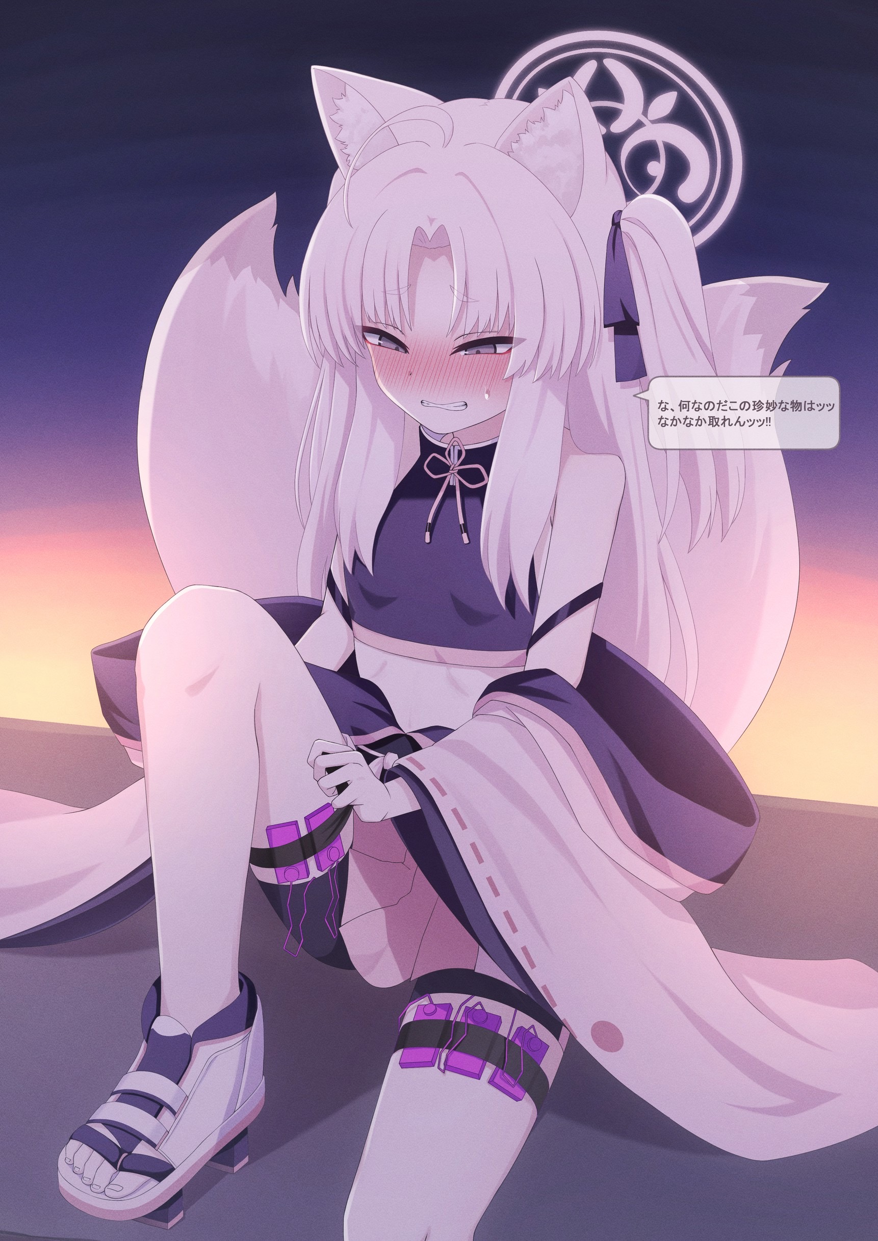 wombatvxww2553, kuzunoha (blue archive), blue archive, absurdres, highres, 1girl, animal ear fluff, animal ears, bare shoulders, bike shorts, blush, breasts, egg vibrator, foot out of frame, fox ears, fox girl, fox tail, gradient background, grey eyes, hair ribbon, halo, knee up, legs, looking back, multiple tails, off shoulder, pink hair, pink halo, ribbon, sex toy, sitting, small breasts, solo, speech bubble, tail, thigh strap, thighhighs, toeless legwear, toes, two tails, vibrator, vibrator in thigh strap, wide sleeves