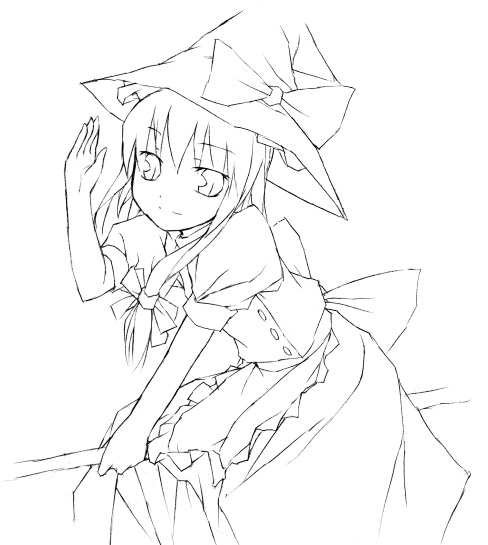 nu (plastic eraser), kirisame marisa, touhou, 1girl, apron, bow, broom, broom riding, dress, female focus, greyscale, hat, hat bow, holding, monochrome, puffy short sleeves, puffy sleeves, salute, short sleeves, simple background, sitting, solo, waist apron, white background, witch hat