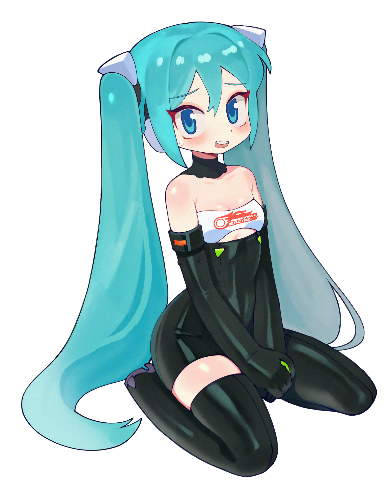 batrobin k, hatsune miku, racing miku, racing miku (2022), goodsmile company, goodsmile racing, vocaloid, commentary request, highres, redrawn, 1girl, aqua hair, black boots, black thighhighs, blue eyes, bodysuit, boots, breasts, cleavage, hair between eyes, long hair, no jacket, open mouth, race queen, simple background, sitting, small breasts, smile, thigh boots, thighhighs, twintails, wariza, white background, zettai ryouiki