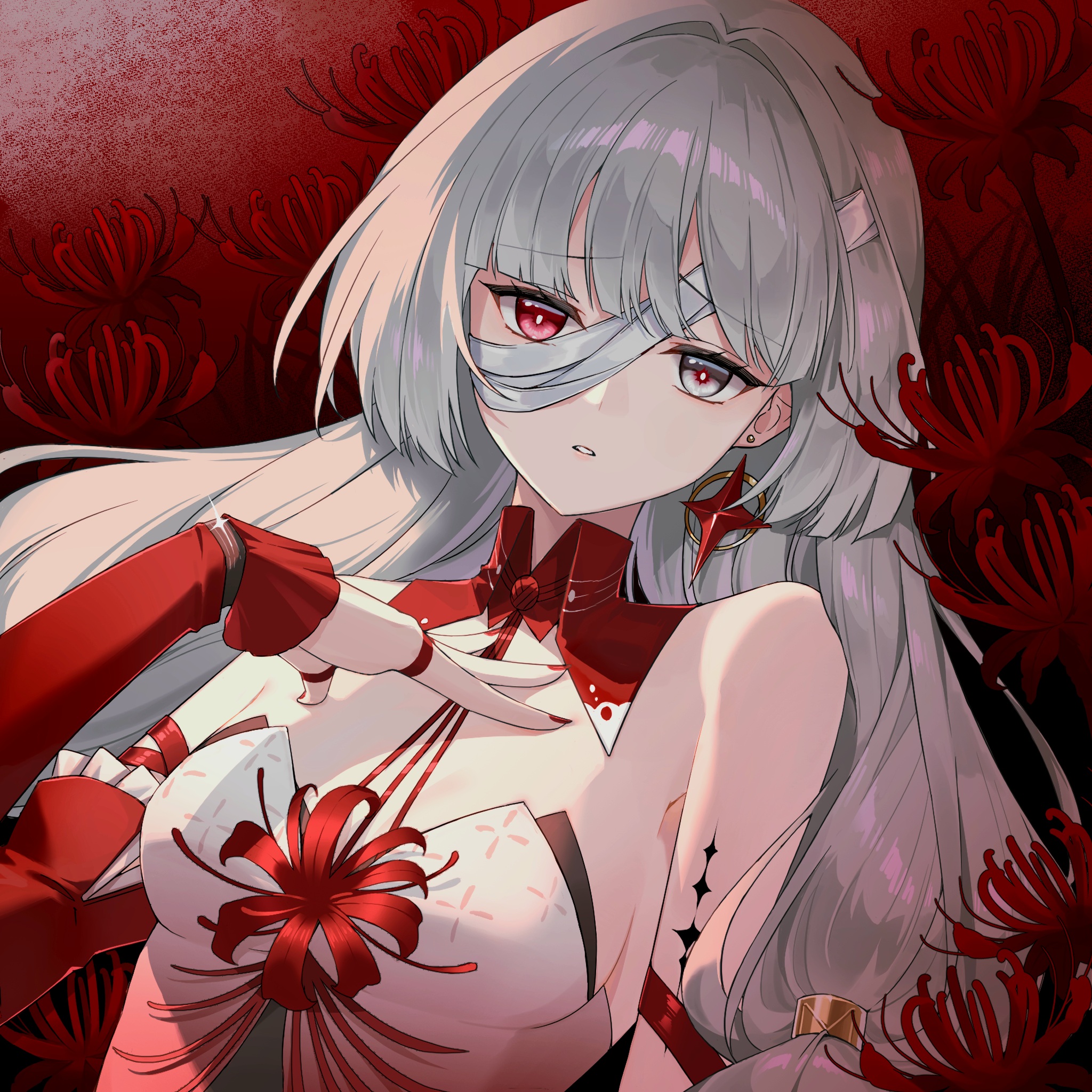 unyun, phrolova (wuthering waves), wuthering waves, commentary, highres, 1girl, bare shoulders, breasts, detached sleeves, dress, earrings, fingernails, flower, grey eyes, grey hair, halter dress, halterneck, hand on own chest, heterochromia, jewelry, long fingernails, long hair, looking at viewer, loose bandages, low twintails, medium breasts, nail polish, parted lips, red dress, red eyes, red nails, red pupils, single detached sleeve, solo, spider lily, tacet mark (wuthering waves), twintails, upper body