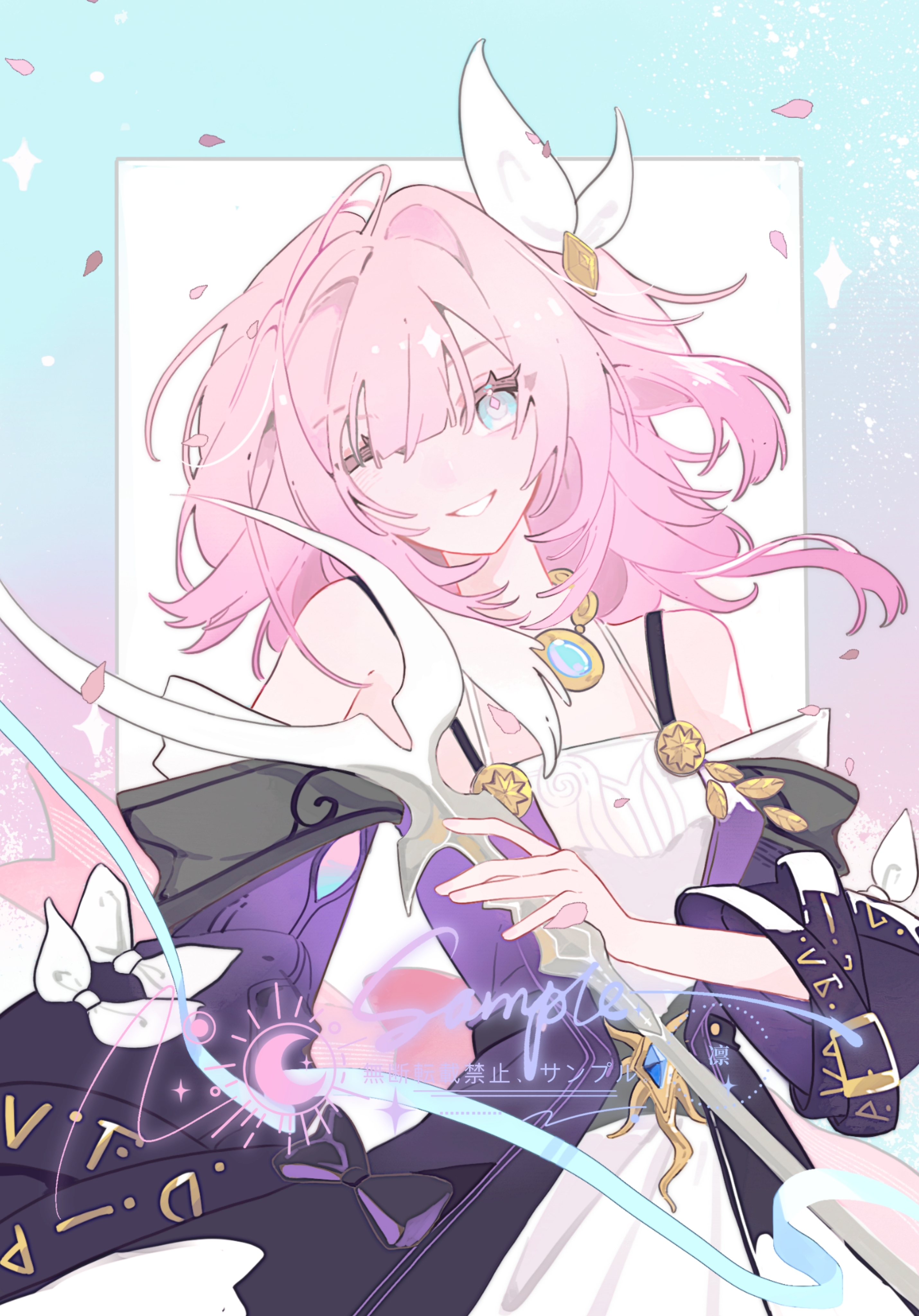 ajiu0101, cyrene (honkai: star rail), honkai: star rail, honkai (series), absurdres, chinese commentary, commentary request, commission, highres, 1girl, ;), bare shoulders, blue eyes, border, ceremonial blade (honkai: star rail), dress, gradient border, hair ornament, holding, holding staff, jewelry, medium hair, multicolored border, multicolored hair, necklace, one eye closed, pink hair, sample watermark, smile, solo, staff, two-tone hair, watermark, white background, white dress, white hair