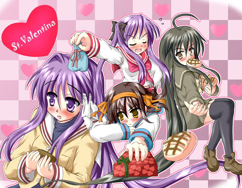hiiragi tomoka, fujibayashi kyou, hiiragi kagami, shana, suzumiya haruhi, clannad, lucky star, shakugan no shana, suzumiya haruhi no yuuutsu, black legwear, 00s, 4girls, blush, bow, bread, closed eyes, food, gift, heart, long hair, melon bread, mouth hold, multiple girls, no pupils, open mouth, purple eyes, purple hair, ribbon, school uniform, serafuku, shoes, thighhighs, tsundere, valentine, very long hair