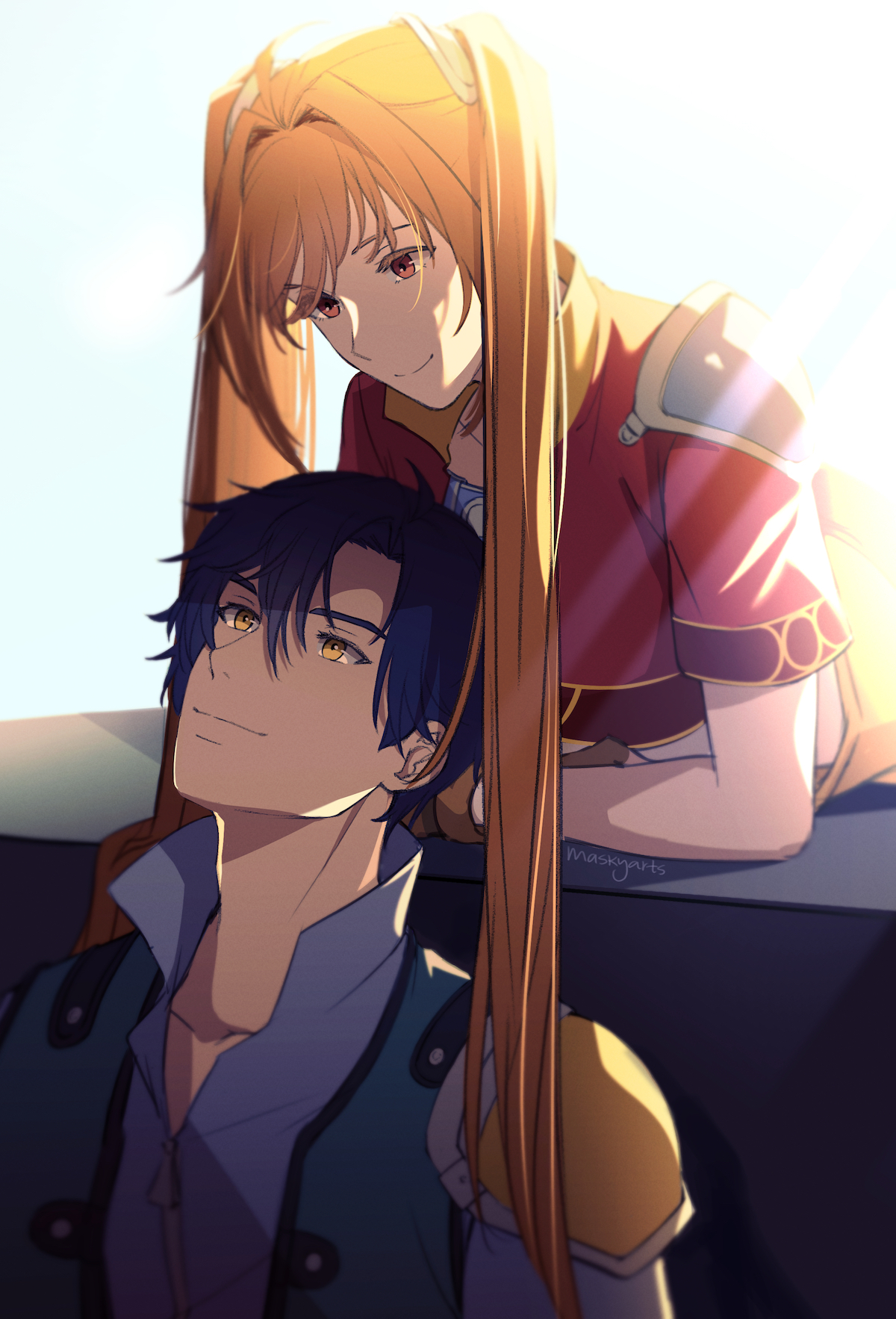 maskyarts, estelle bright, joshua bright, eiyuu densetsu, sora no kiseki, commentary, english commentary, highres, 1boy, 1girl, ahoge, antenna hair, armor, black hair, brown hair, cropped jacket, curtained hair, hair between eyes, hair intakes, light rays, long hair, outdoors, parted bangs, pauldrons, red eyes, short hair, short sleeves, shoulder armor, single pauldron, smile, sunbeam, sunlight, twintails, very long hair, yellow eyes