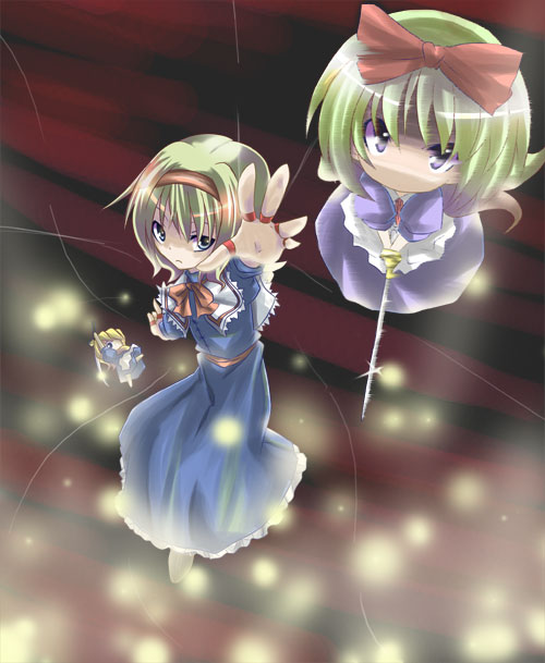 miwa maku, alice margatroid, shanghai doll, touhou, 1girl, blonde hair, blue dress, bow, capelet, doll, dress, dust, female focus, flying, foreshortening, full body, glowing, hair bow, hairband, light rays, long sleeves, looking at viewer, magic, red bow, short hair, solo, standing