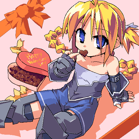 mof, redrantem, tomoshibi hidekazu, girl with a blonde braid (tomoshibi hidekazu), redrantem's orange haired girl, original, lowres, md5 mismatch, 1girl, blonde hair, box, box of chocolates, braid, chocolate, covered erect nipples, female focus, flat chest, happy valentine, heart, loli, long hair, oekaki, open gift, solo, valentine, very long hair