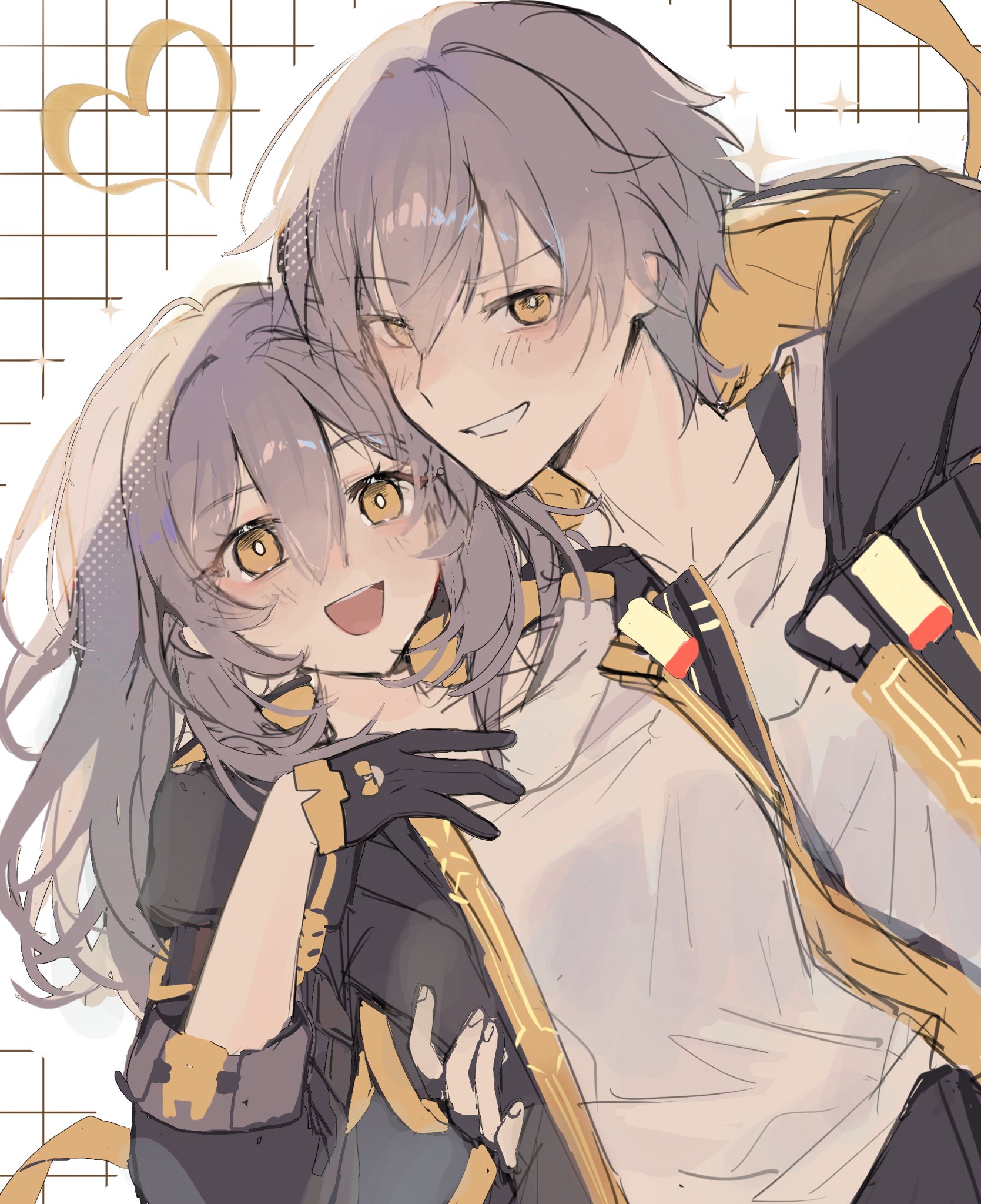 may (maymay271005), caelus (honkai: star rail), stelle (honkai: star rail), trailblazer (honkai: star rail), honkai: star rail, honkai (series), highres, 1boy, 1girl, black coat, black gloves, black skirt, blush, coat, collarbone, dual persona, fingerless gloves, fingernails, gloves, grey hair, grid background, hair between eyes, halftone, hand around waist, hand up, happy, heart, hetero, hood, hooded coat, lapels, long hair, long sleeves, looking at viewer, open clothes, open coat, open mouth, outline, selfcest, shirt, short hair, skirt, smile, sparkle, t-shirt, teeth, two-sided coat, two-sided fabric, upper body, v-shaped eyebrows, white background, white outline, white shirt, yellow coat, yellow eyes