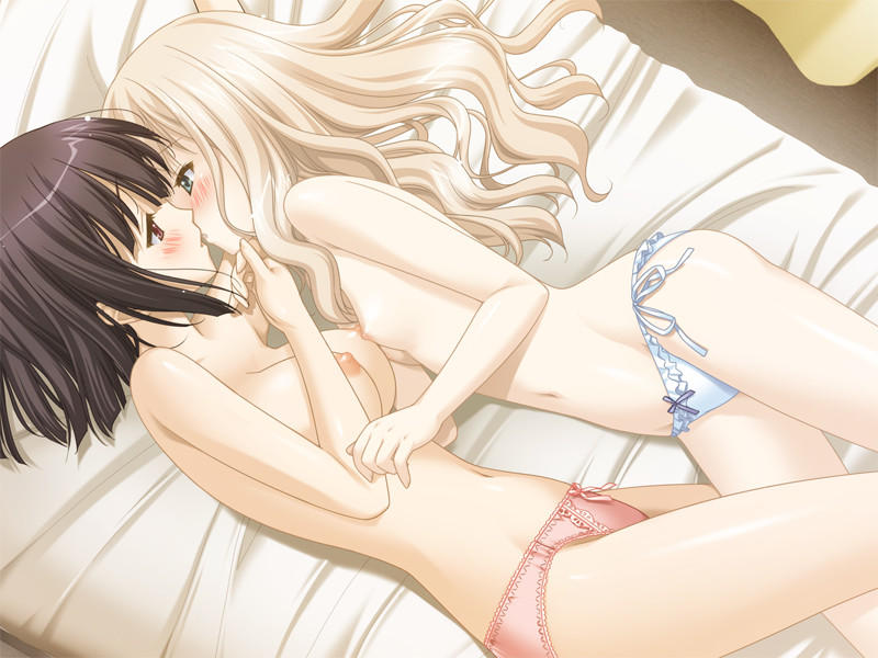 peko, kawamura reo, sawaguchi mai, sono hanabira ni kuchizuke wo, game cg, 2girls, bed, black hair, blonde hair, blush, breasts, flat chest, green eyes, kiss, lingerie, loli, long hair, lowleg, lowleg panties, multiple girls, nipples, nipples touching, panties, red eyes, side-tie panties, topless female, underwear, yuri