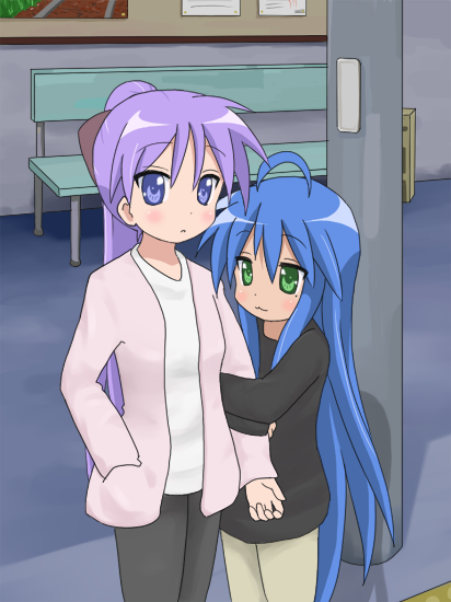 mountain pukuichi, hiiragi kagami, izumi konata, kagamin bocchi, lucky star, 00s, 2girls, ahoge, blue hair, long hair, mole, mole under eye, multiple girls, purple hair