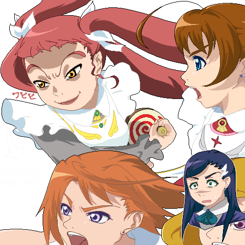 arika yumemiya, natsuki kruger, shiho huit, tokiha mai, my-otome, lowres, 00s, 4girls, blue eyes, blue hair, evil smile, from side, garderobe uniform, hair ornament, hairclip, multiple girls, oekaki, profile, purple eyes, shaded face, shadow, simple background, smile, sweatdrop, white background, wide-eyed
