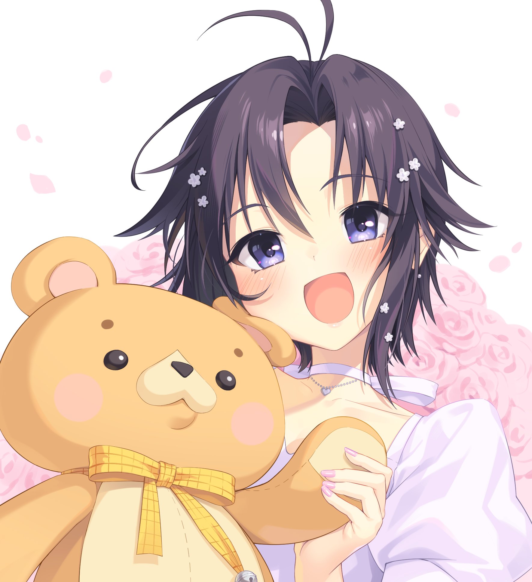 thiana0225, kikuchi makoto, idolmaster, idolmaster (classic), highres, 1girl, :d, antenna hair, black hair, blue eyes, choker, flower, heart, heart necklace, jewelry, light blush, looking at viewer, nail polish, necklace, open mouth, parted bangs, petals, pink flower, pink nails, pink rose, rose, short hair, smile, solo, stuffed animal, stuffed toy, teddy bear, white background