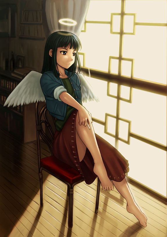 yasuomi, reki (haibane), haibane renmei, 00s, 1girl, barefoot, between fingers, black hair, blunt bangs, breast pocket, chair, cigarette, denim, denim jacket, feet, female focus, frown, full body, halo, holding, indoors, jacket, on chair, plantar flexion, pocket, sleeves rolled up, smoke, smoking, solo, toes, traditional halo, wings, wooden floor