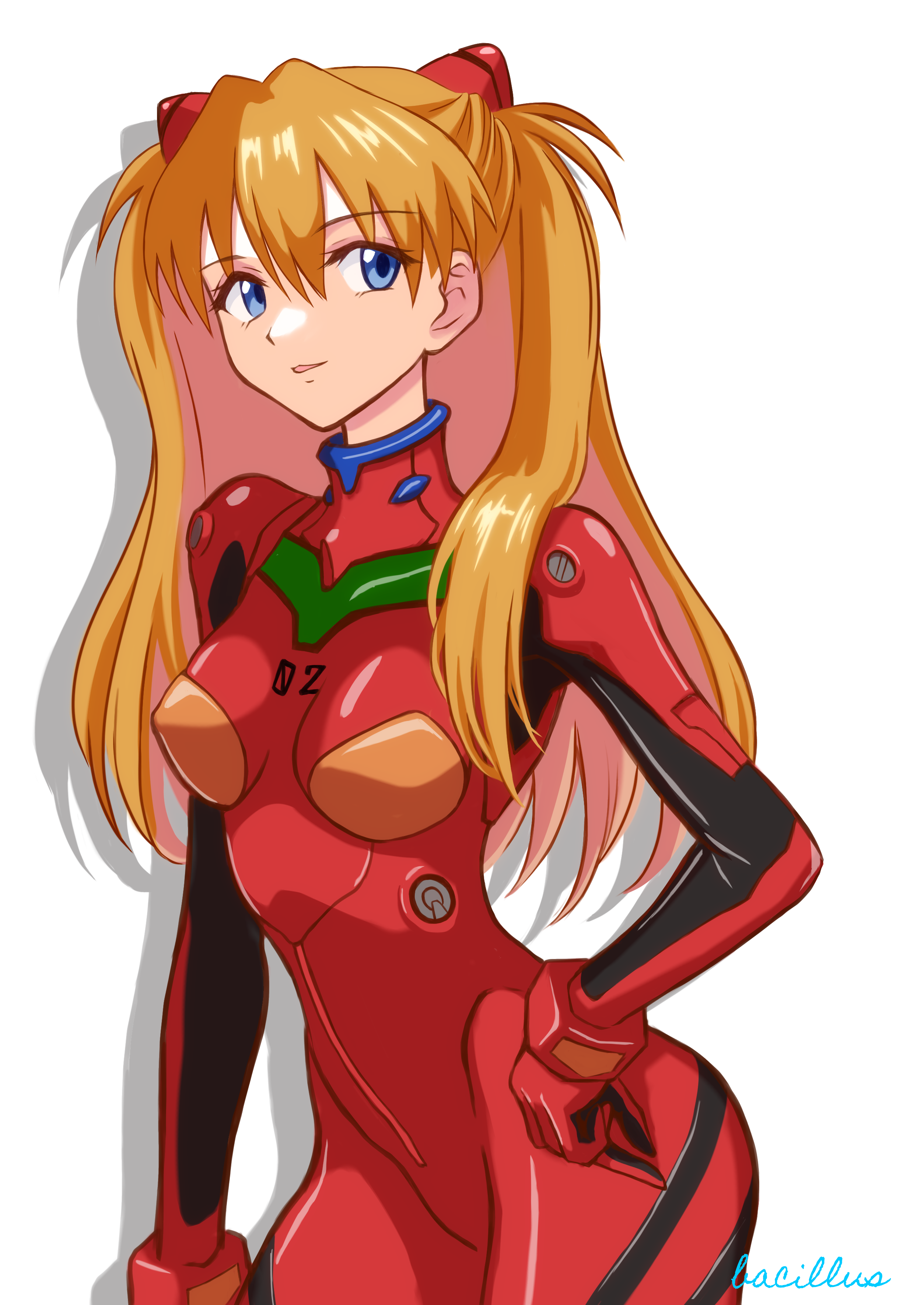 bacillus, souryuu asuka langley, neon genesis evangelion, 1girl, artist name, ass, blue eyes, bodysuit, breasts, brown hair, feet out of frame, hair between eyes, hand on own hip, interface headset (evangelion), looking at viewer, mecha pilot suit, medium breasts, narrow waist, plugsuit (evangelion), red bodysuit, smile, solo, standing, thighs, title, white background