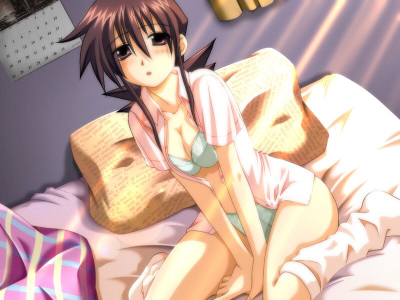azuchi ryou, fukushuu ~ryoujoku no yaiba~, game cg, 1girl, bed, between thighs, blush, bra, breasts, breasts squeezed together, brown eyes, brown hair, calendar (object), dutch angle, female focus, lens flare, light rays, lingerie, long hair, loose socks, nightshirt, open clothes, open shirt, open skirt, panties, pillow, shirt, sitting, skirt, socks, solo, sunbeam, sunlight, thighs, underwear, v arms