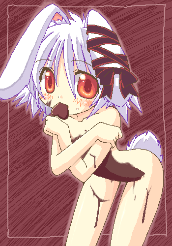 lowres, animal ears, chocolate, food as clothes, oekaki, rabbit ears, solo, tail, valentine, white hair