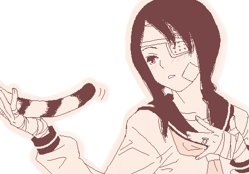 gusu, kobushi abiru, sayonara zetsubou sensei, lowres, 00s, 1girl, bandage over one eye, bandages, female focus, monochrome, oekaki, pink theme, school uniform, sepia, serafuku, solo, tail
