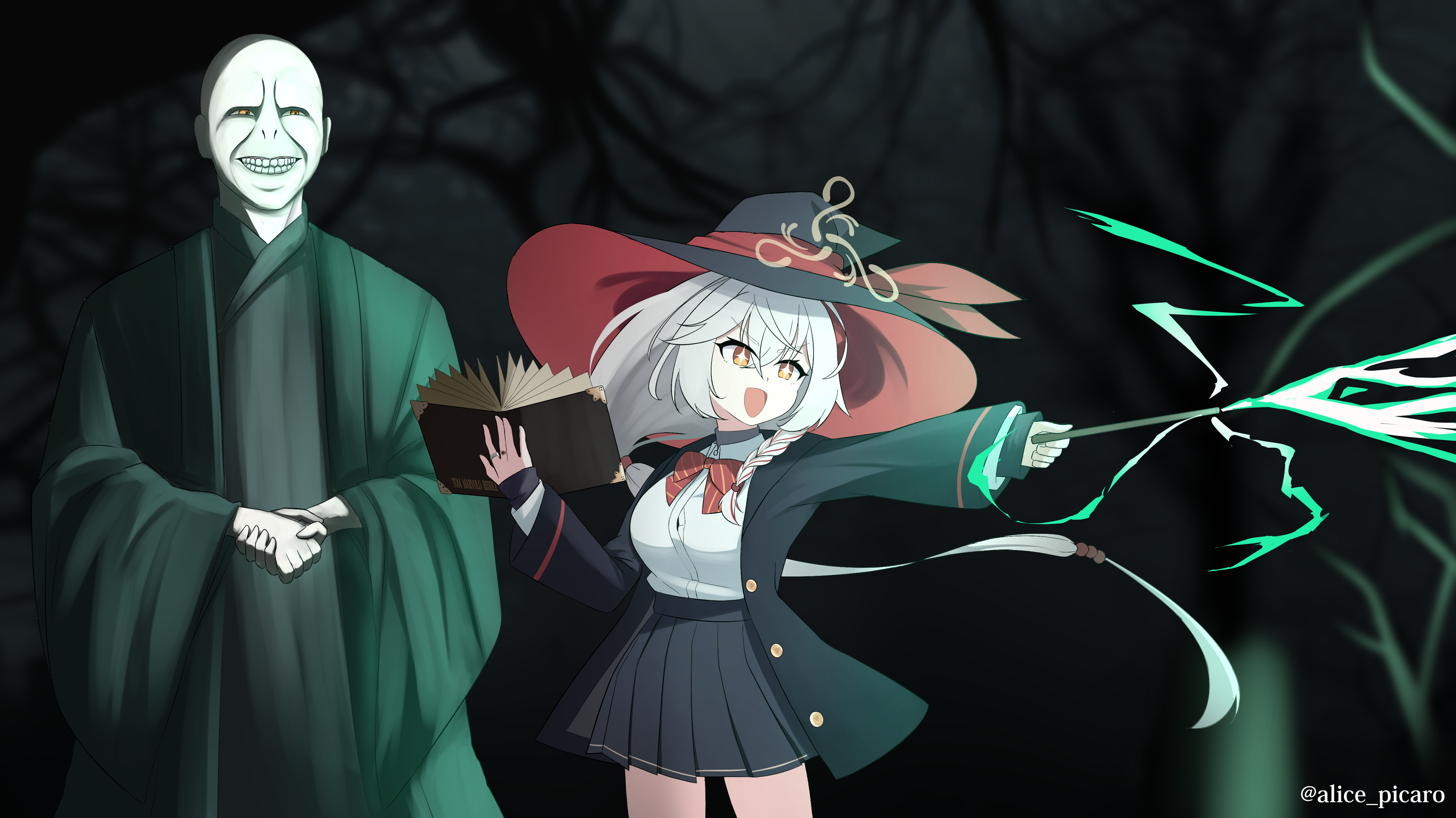 alice picaro, eri (blue archive), voldemort, blue archive, harry potter (series), wizarding world, absurdres, commentary request, highres, partial commentary, + +, 1boy, 1girl, :d, bald, black coat, black shirt, black skirt, book, bow, bowtie, braid, braided sidelock, buttons, coat, collared shirt, colored skin, cowboy shot, crossover, dual wielding, firing, grin, hair between eyes, halo, hat, height difference, holding, holding book, holding wand, hood, hooded coat, long hair, long sleeves, open clothes, open coat, open mouth, orange eyes, orange halo, own hands together, pleated skirt, red bow, red bowtie, school uniform, shirt, sidelocks, single braid, skirt, smile, sparkling eyes, striped bow, striped bowtie, striped clothes, turtleneck, turtleneck shirt, wand, white hair, white shirt, white skin, witch hat